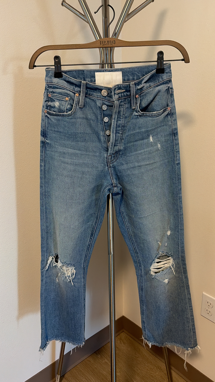 MOTHER The Tripper Ankle Women's Blue Jeans Size 24 Distressed Button Fly Crop